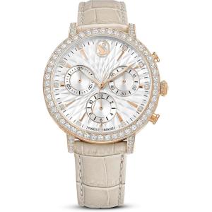 Swarovski Matrix Tennis Chrono Watch, Swiss Made, Leather Strap, Beige, Rose Gold-Tone Finish