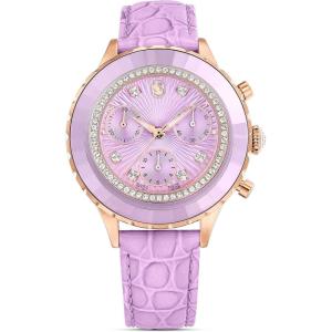 Swarovski Octea Chrono Watch, Swiss Made, Leather Strap, Purple, Rose Gold-Tone Finish
