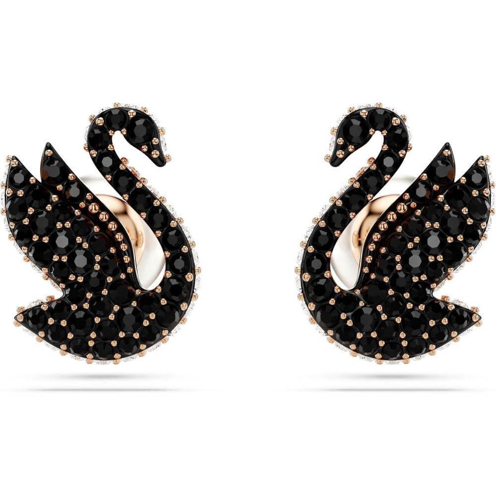 imageSwarovski Swan Stud Earrings Swan Motif with Black Pav Crystals and Pearl Closure in a Rose GoldTone Finished Setting Part of the Swarovski Swan Collection