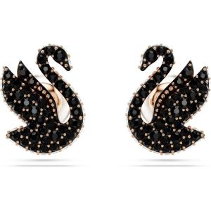 Swarovski Swan Stud Earrings, Swan Motif with Black Pavé Crystals and Pearl Closure in a Rose Gold-Tone Finished Setting, Part of the Swarovski Swan Collection