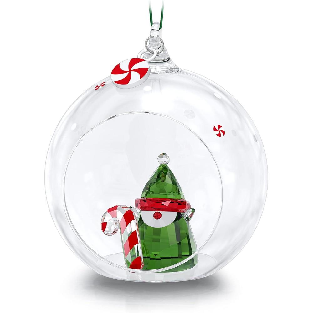 imageSwarovski Holiday Cheers Santas Elf Ball Ornament Multicolored Crystals on Green Satin Ribbon Part of the Holiday Cheers Collection