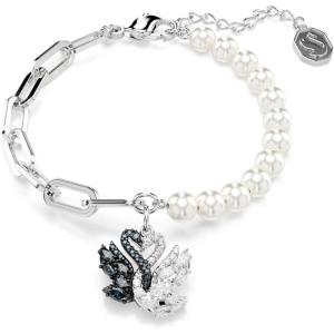 Swarovski Swan bracelet, Crystal pearl, Swan, Black, Rhodium finish