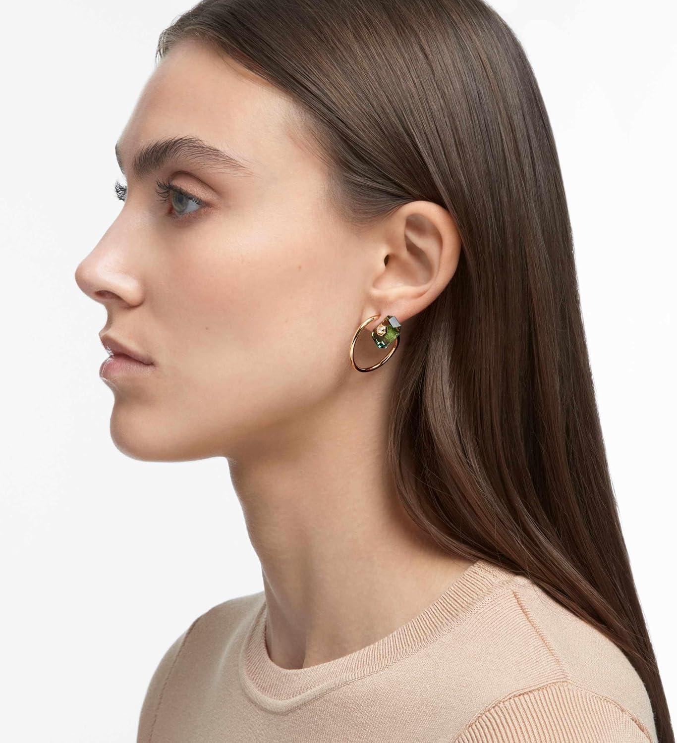 imageSwarovski Numina Earring Jewelry Collection Gold Tone Finish Green Crystals Clear CrystalsAsymmetrical Earrings