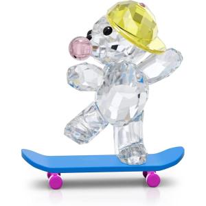 Swarovski Kris Bear Skaterbear Figurine, Clear, Pink, and Yellow Swarovski Crystals with Blue Lacquered Metal Accents, Part of the Swarovski Kris Bear Collection