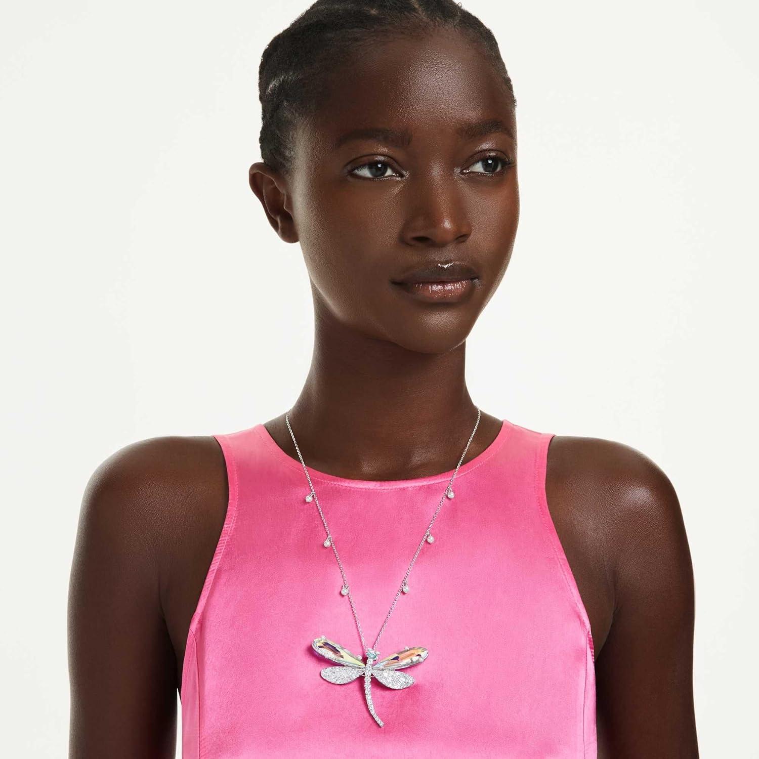 imageSwarovski x Ariana Grande Official Dragonfly Motif Jewelry Collection Brooch Pendant Necklace Earrings Mixed Cut Multicolored Stones Rhodium FinishMulticolored PendantBrooch