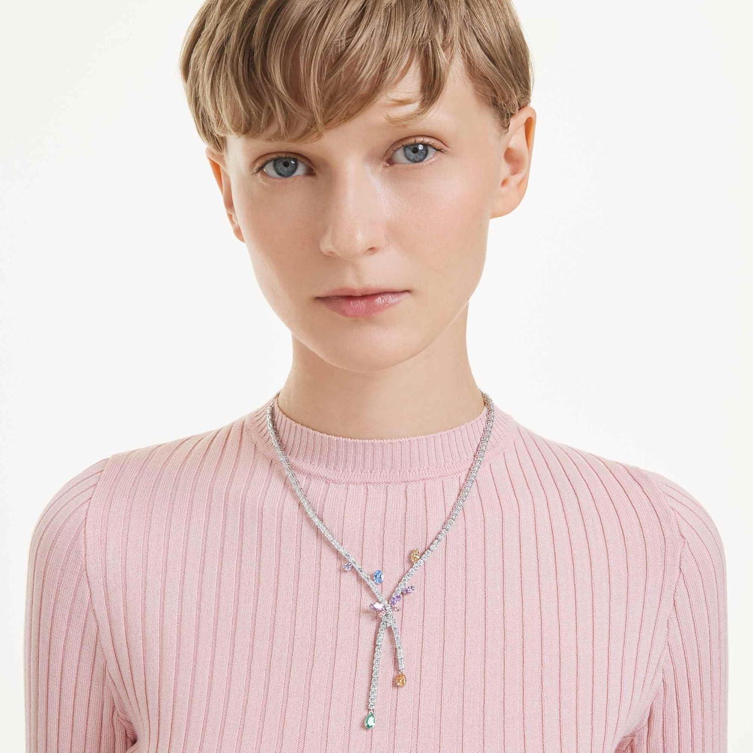 imageSwarovski x Ariana Grande Official Dragonfly Motif Jewelry Collection Brooch Pendant Necklace Earrings Mixed Cut Multicolored Stones Rhodium FinishMulticolored Cross Over Necklace