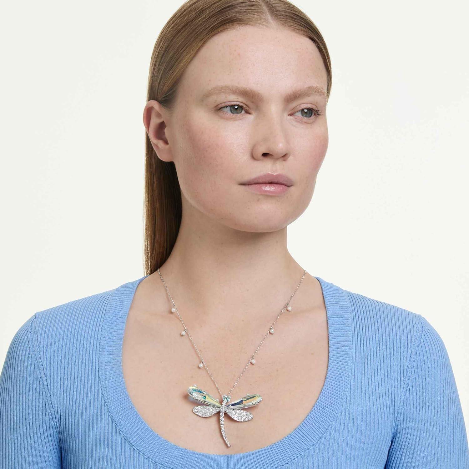 imageSwarovski x Ariana Grande Official Dragonfly Motif Jewelry Collection Brooch Pendant Necklace Earrings Mixed Cut Multicolored Stones Rhodium FinishMulticolored PendantBrooch