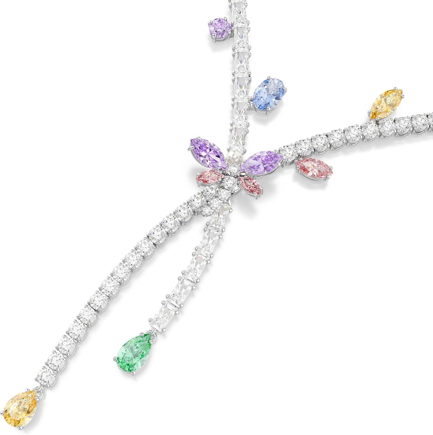 imageSwarovski x Ariana Grande Official Dragonfly Motif Jewelry Collection Brooch Pendant Necklace Earrings Mixed Cut Multicolored Stones Rhodium FinishMulticolored Cross Over Necklace