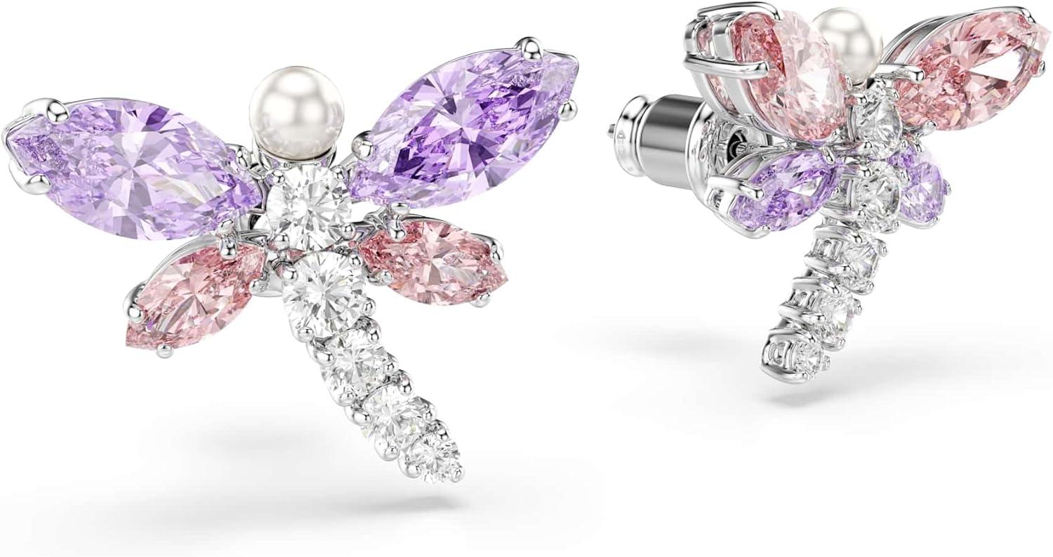 imageSwarovski x Ariana Grande Official Dragonfly Motif Jewelry Collection Brooch Pendant Necklace Earrings Mixed Cut Multicolored Stones Rhodium FinishMulticolored Stud Earrings