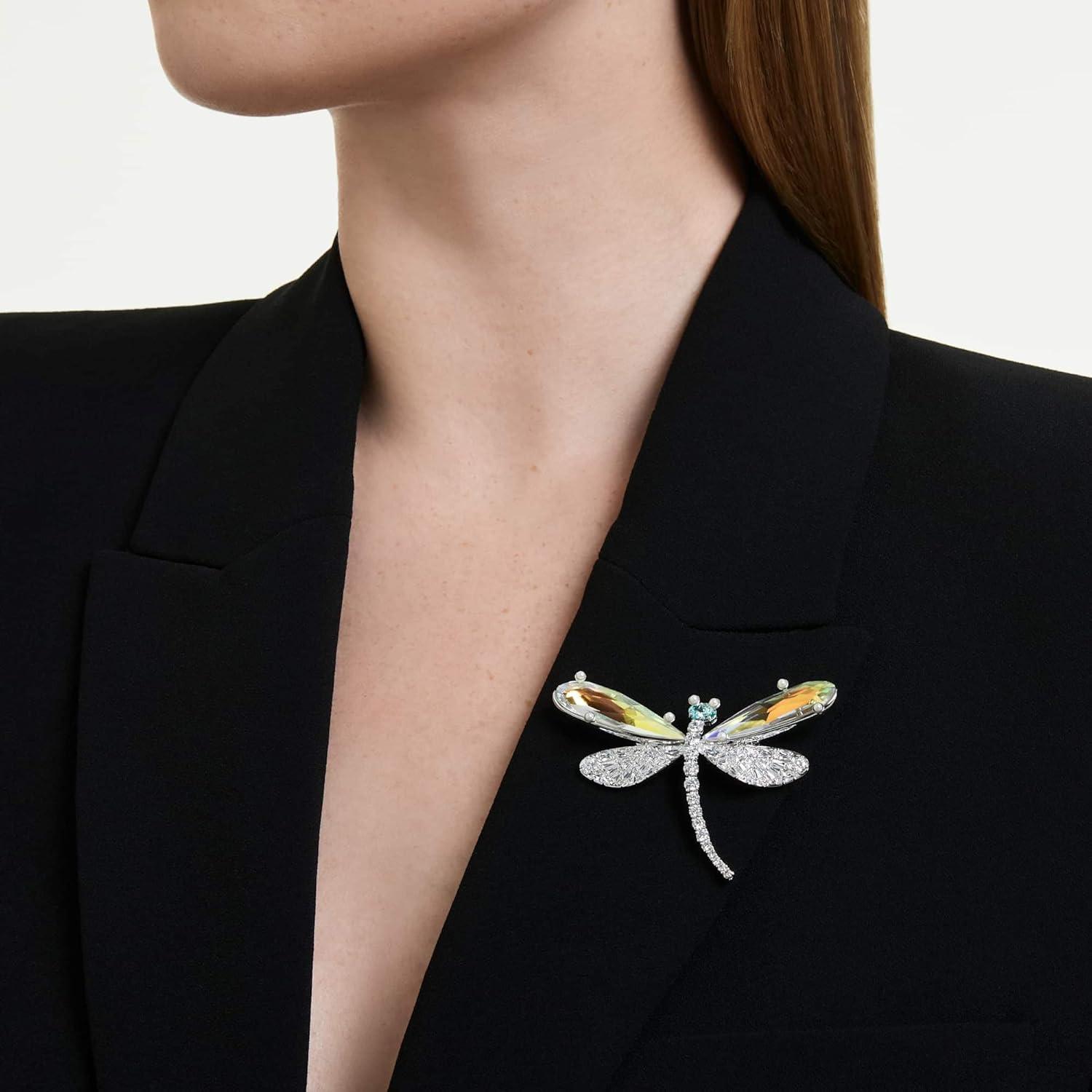 imageSwarovski x Ariana Grande Official Dragonfly Motif Jewelry Collection Brooch Pendant Necklace Earrings Mixed Cut Multicolored Stones Rhodium FinishMulticolored PendantBrooch