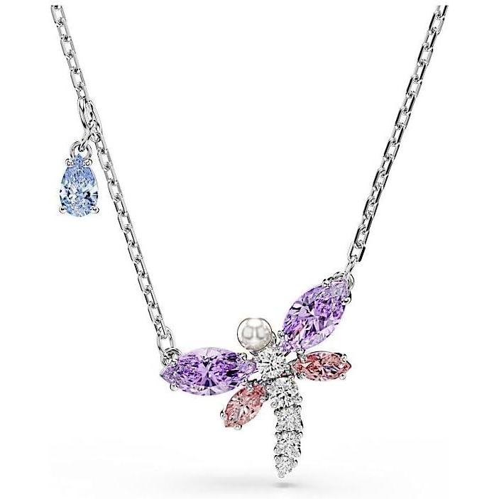 imageSwarovski x Ariana Grande Official Dragonfly Motif Jewelry Collection Brooch Pendant Necklace Earrings Mixed Cut Multicolored Stones Rhodium FinishMulticolored Pendant Necklace