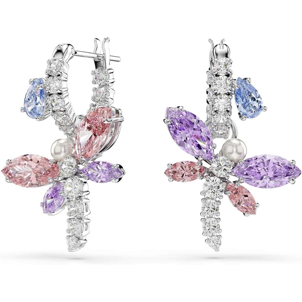 imageSwarovski x Ariana Grande Official Dragonfly Motif Jewelry Collection Brooch Pendant Necklace Earrings Mixed Cut Multicolored Stones Rhodium FinishMulticolored Mini Hoops