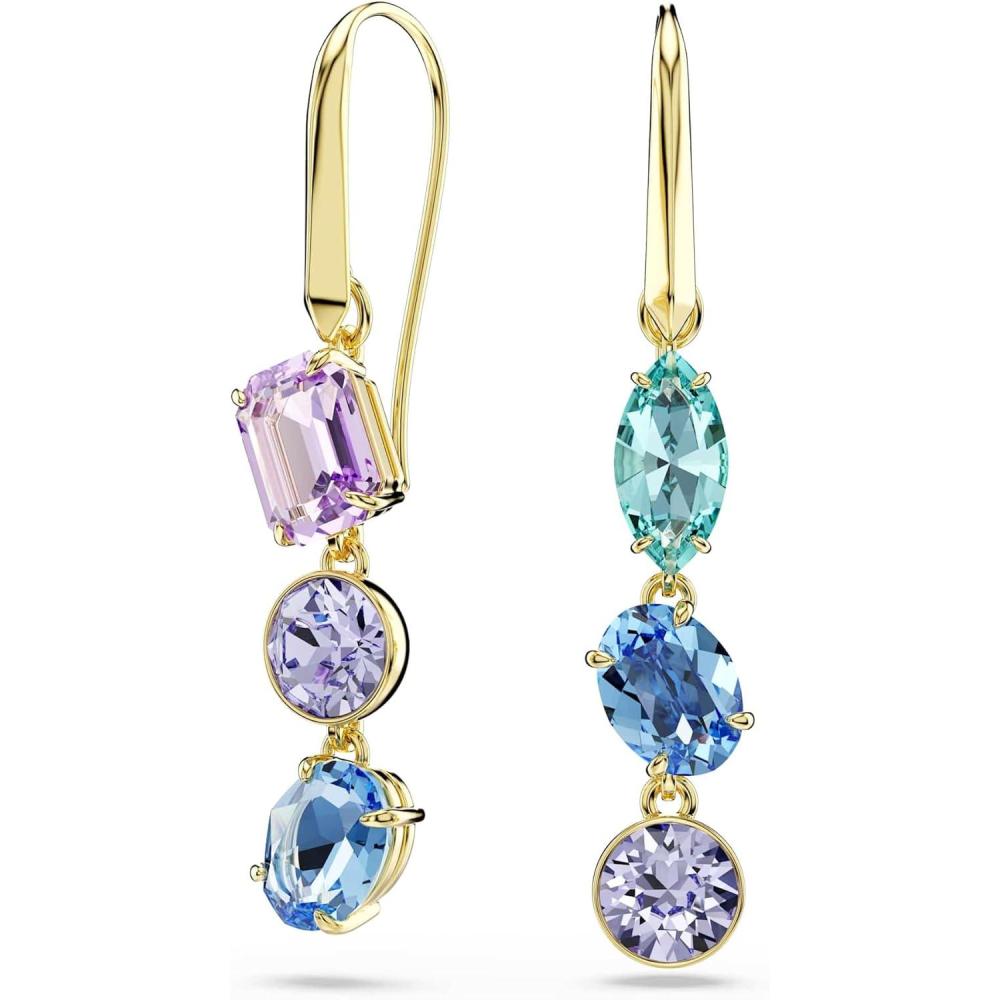 imageSwarovski Gema drop earrings Asymmetrical design Mixed cuts Multicolored Goldtone plated