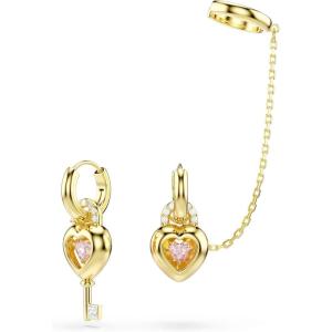 Swarovski Idyllia drop earrings with ear cuff, Mixed cuts, Heart with key, Pink, Gold-tone plated